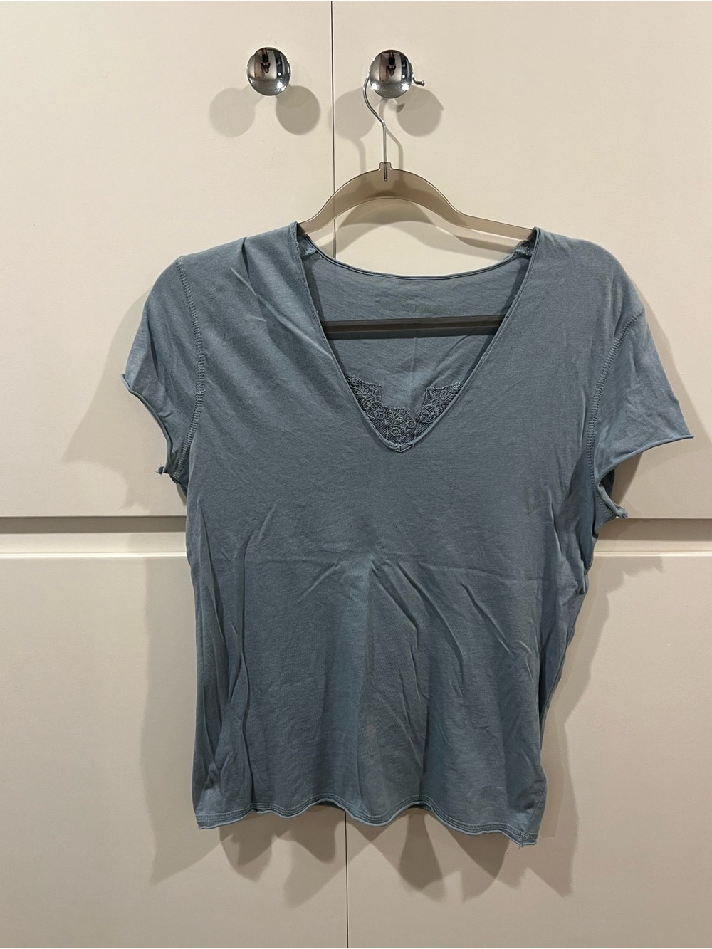 Zadig & Voltaire Light Blue V-Neck Lace Trim Short Sleeve Tee